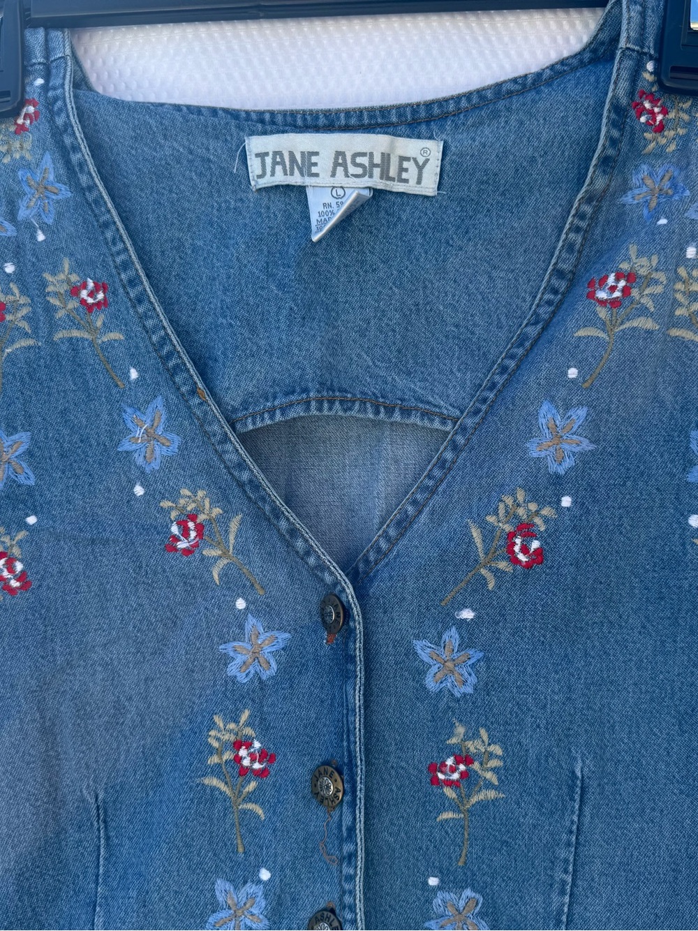 Vintage Jane Ashley Denim Jumper Dress L Floral Embroidered Button Front Flawed - Picture 3 of 12